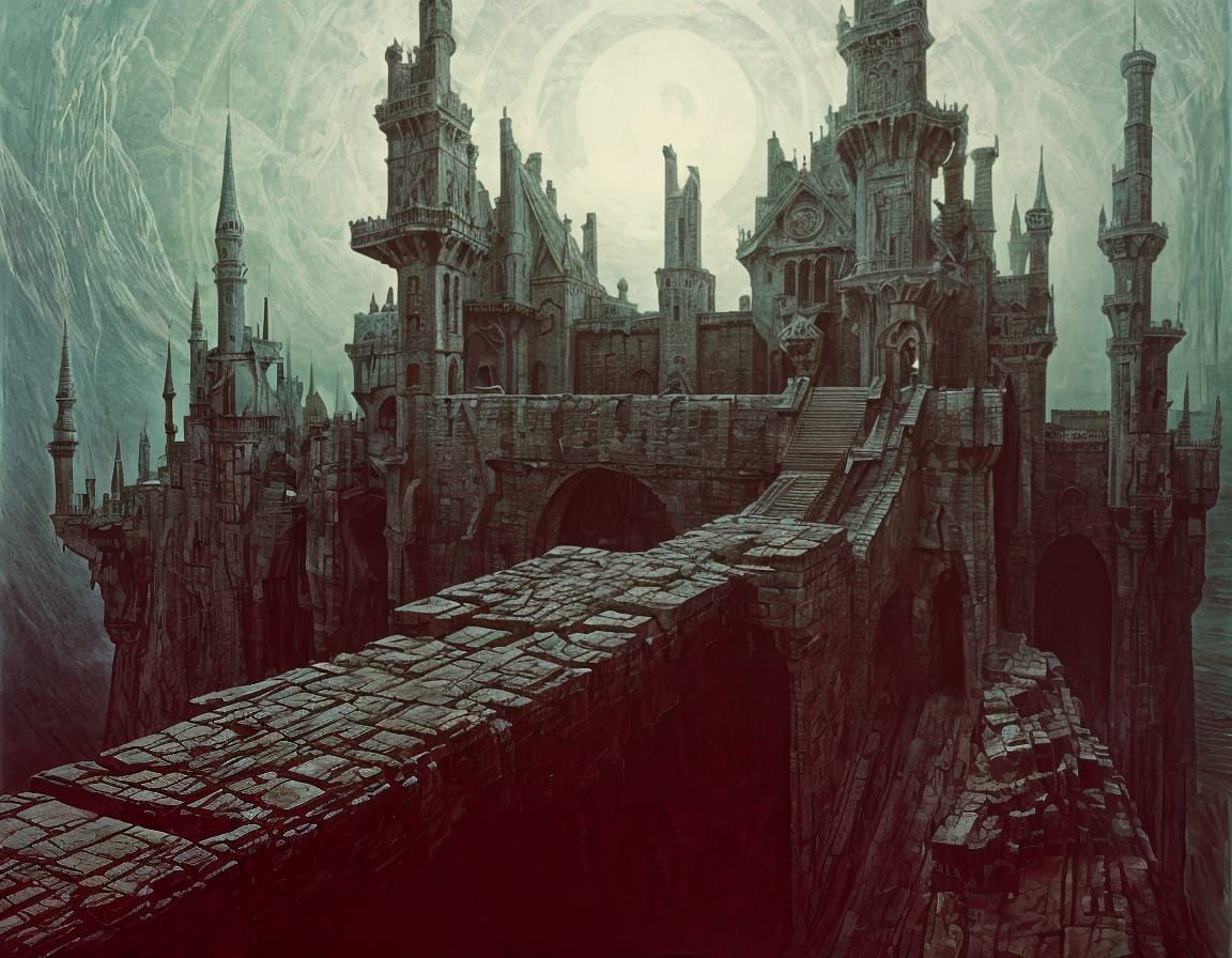 Surreal Castle with Drawbridges in Dreamlike Landscape