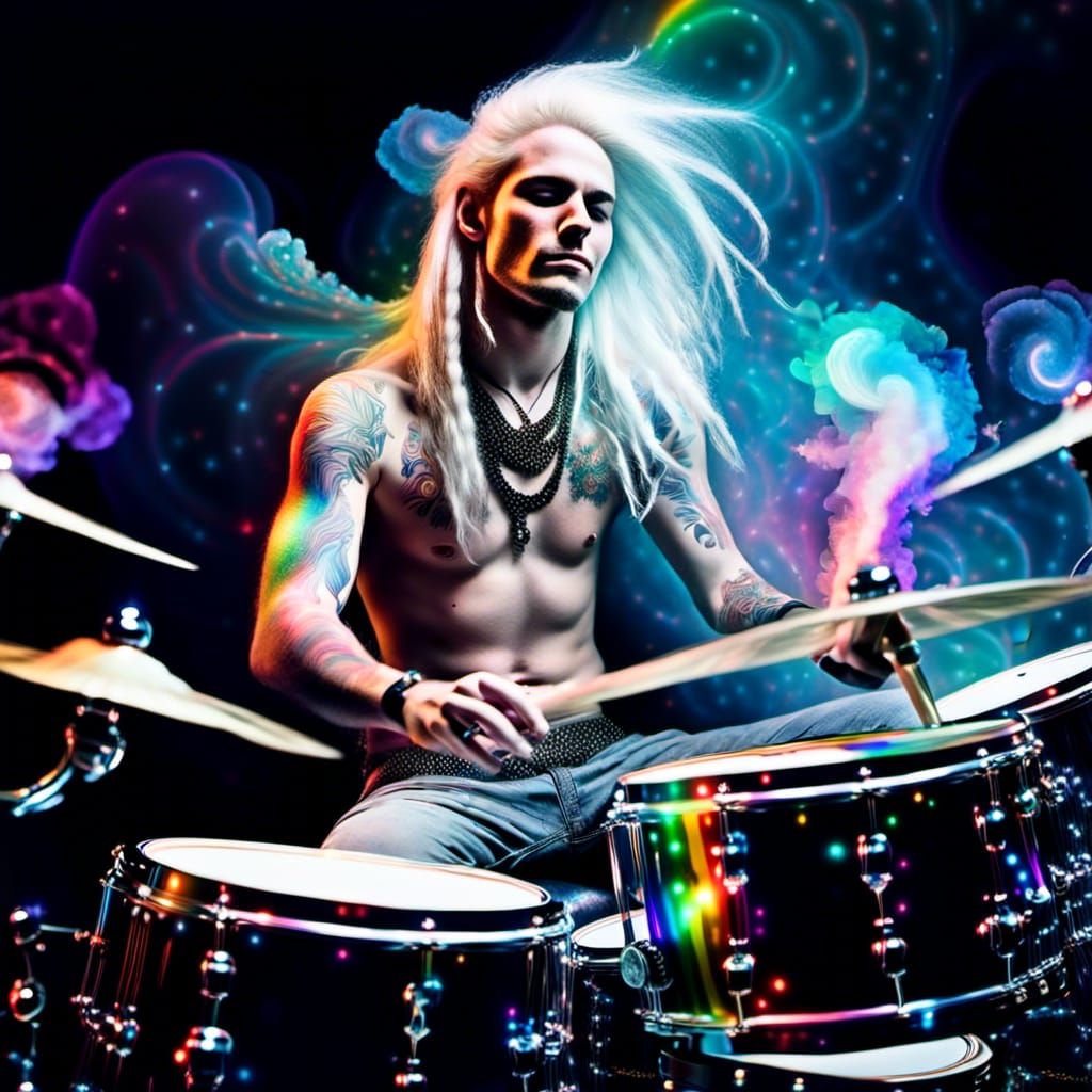 Epic Metalhead Drummer in Rainbow Haze
