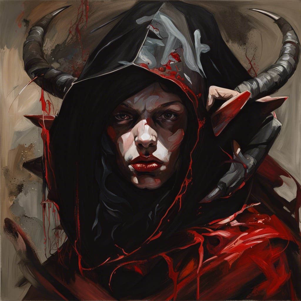 Hooded Horned Tiefling in Dark Surrealist Style