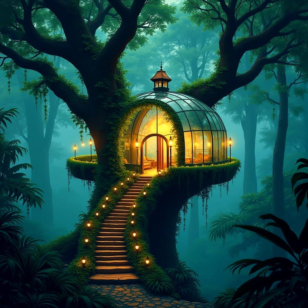 Surreal Glass Tree House Amidst Whimsical Rainforest