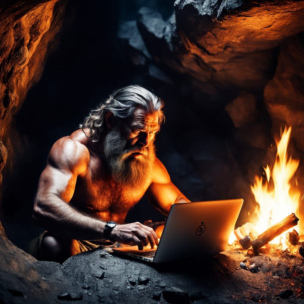 Caveman Working on Laptop by Fire