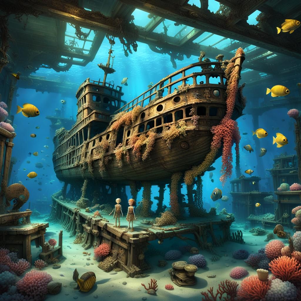 Sunken Ship in Eerie Underwater World