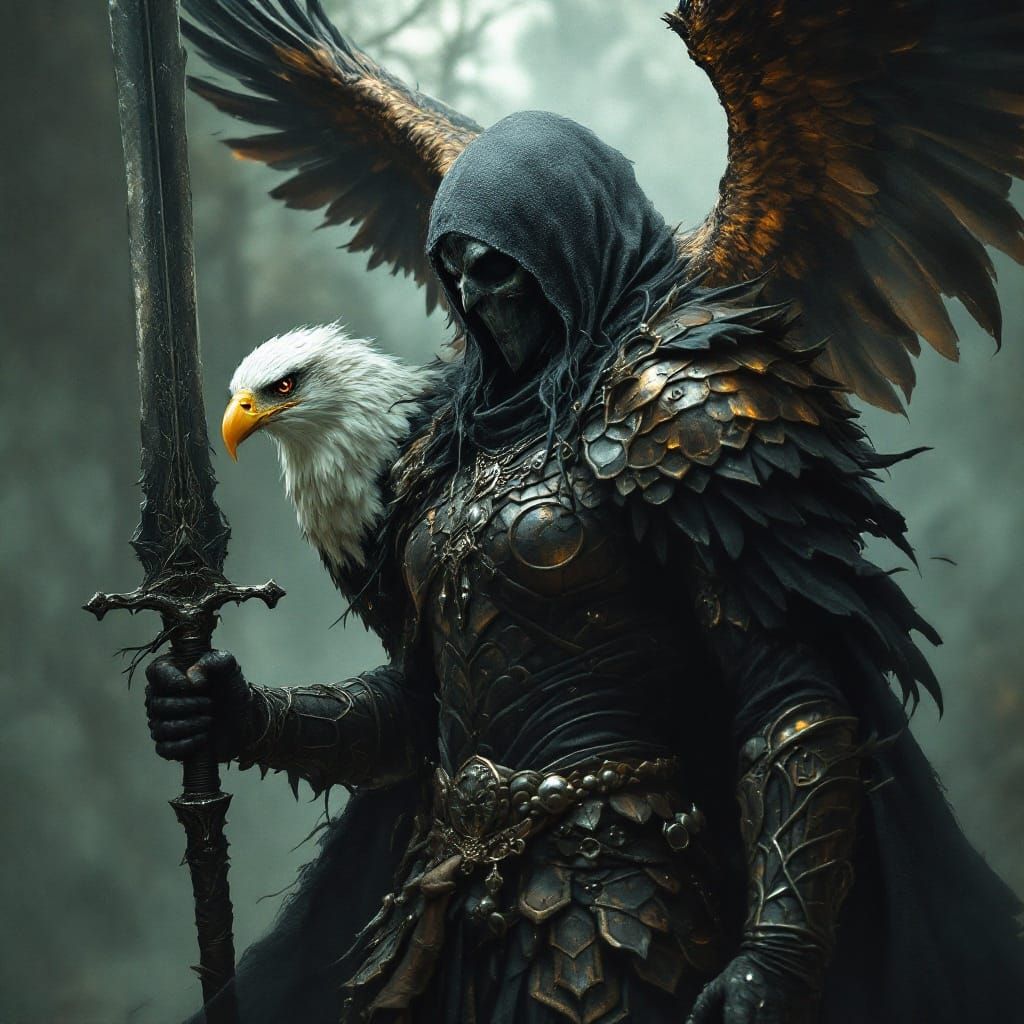 Mysterious Dark Goddess with Sword and Eagle Companion in Go...