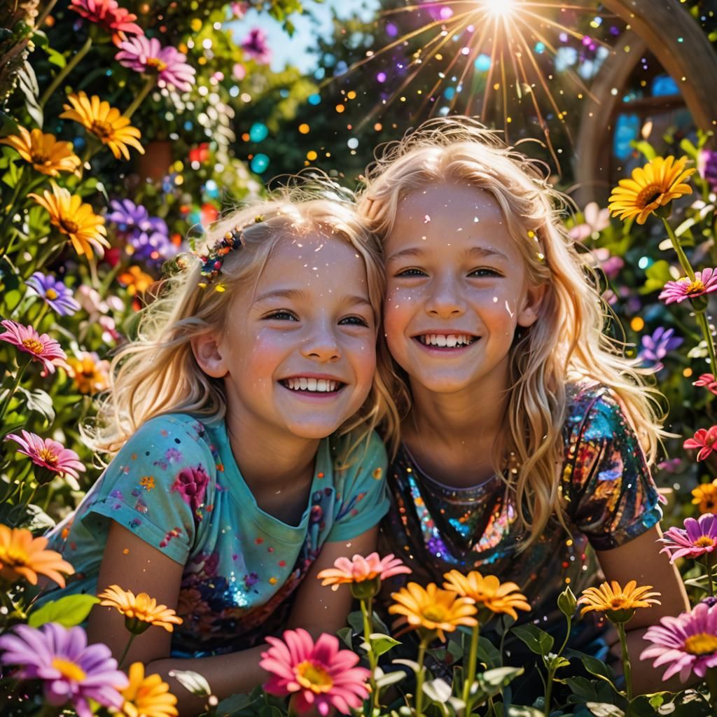 Dream Garden: Two Young Siblings in Hyperrealistic Style