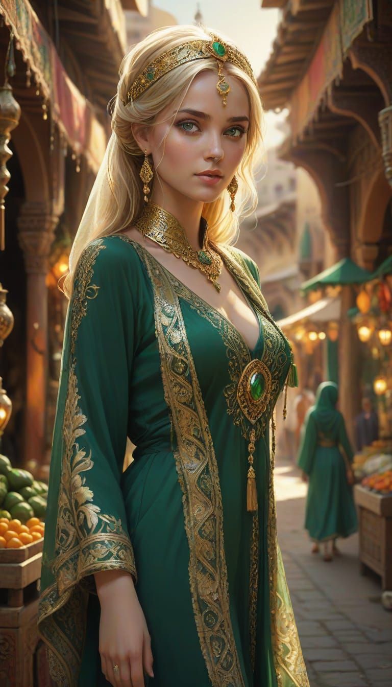 Blonde Beauty in Elaborate Caftan Dress