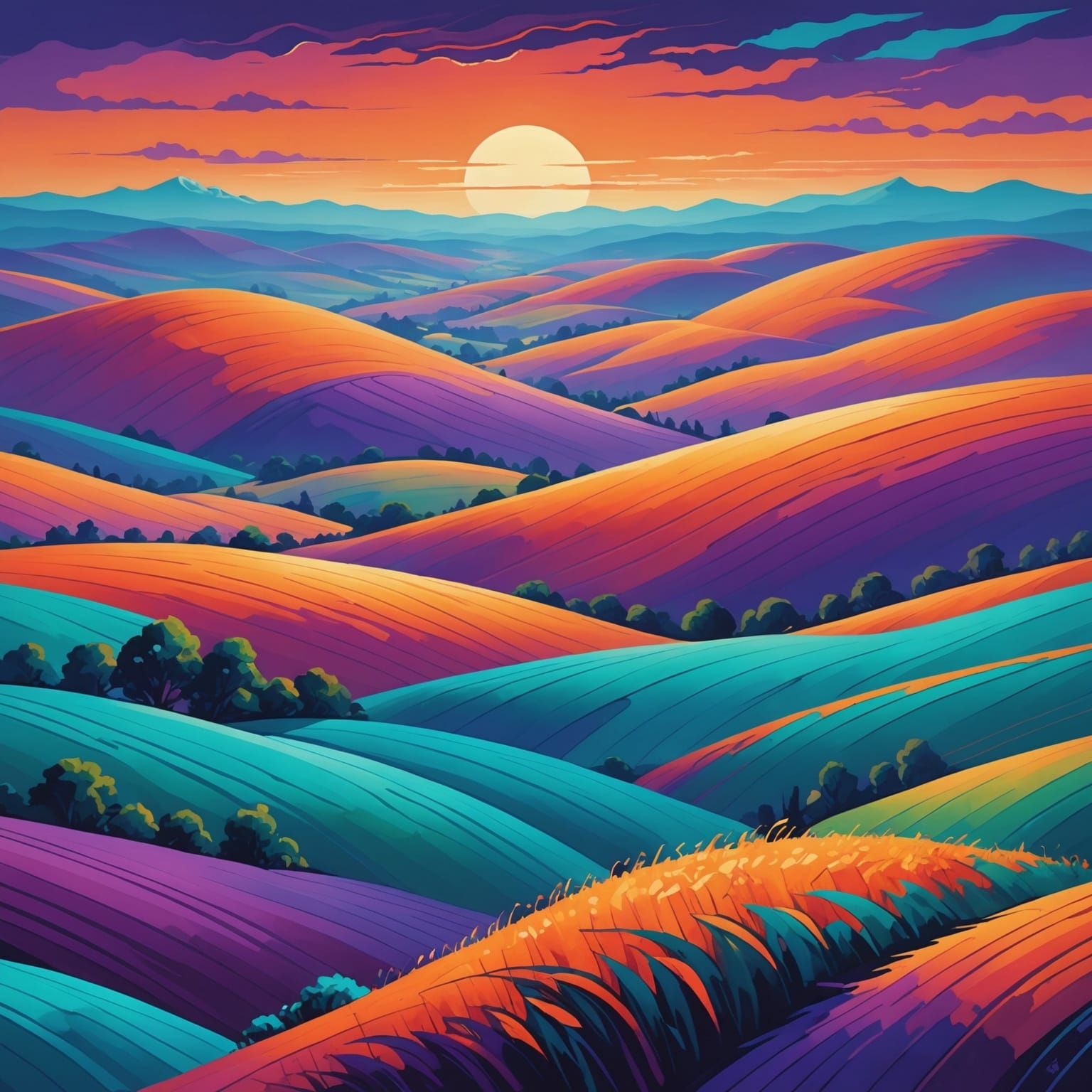 Abstract Dreamscape of Rolling Hills, Digital Painting