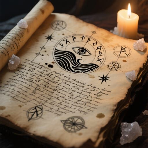 Mystical Manuscript Page with Runic Symbols and Arcane Diagr...