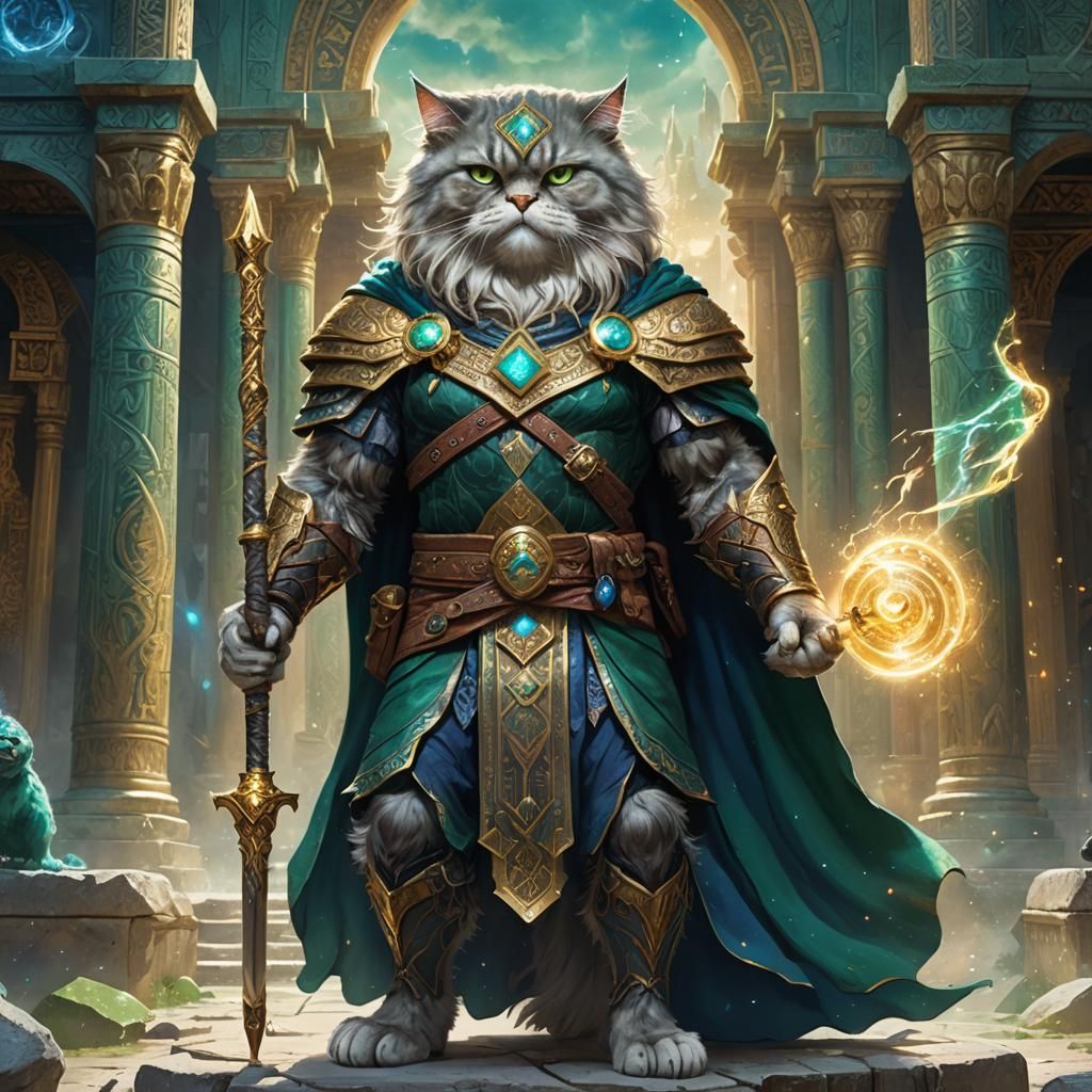 Heroic Cat Barbarian Wizard in an Epic Fantasy Scene