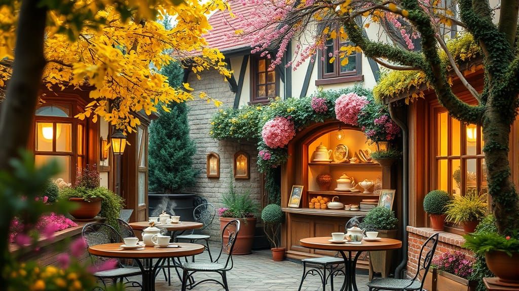Enchanted Tea Shop in Whimsical Forest, Vintage Style
