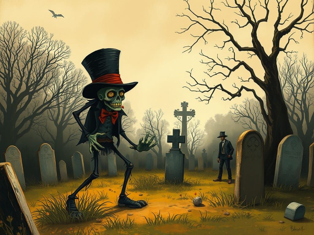 Zombie in Graveyard Wearing Top Hat