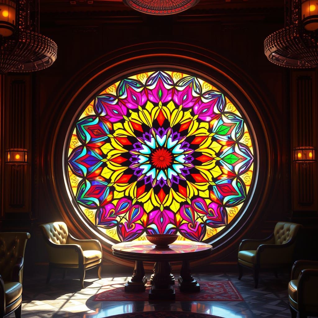 Kaleidoscopic Stained Glass Illuminates Retro Lounge