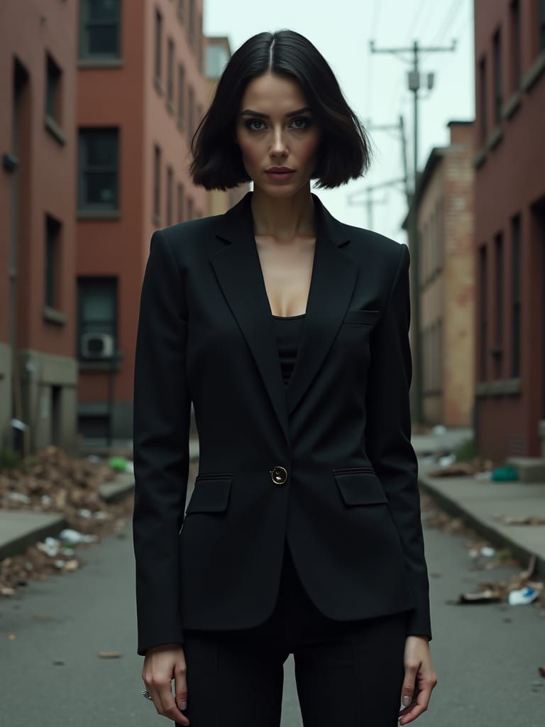 Cleopatra in Black Pantsuit in Urban Setting