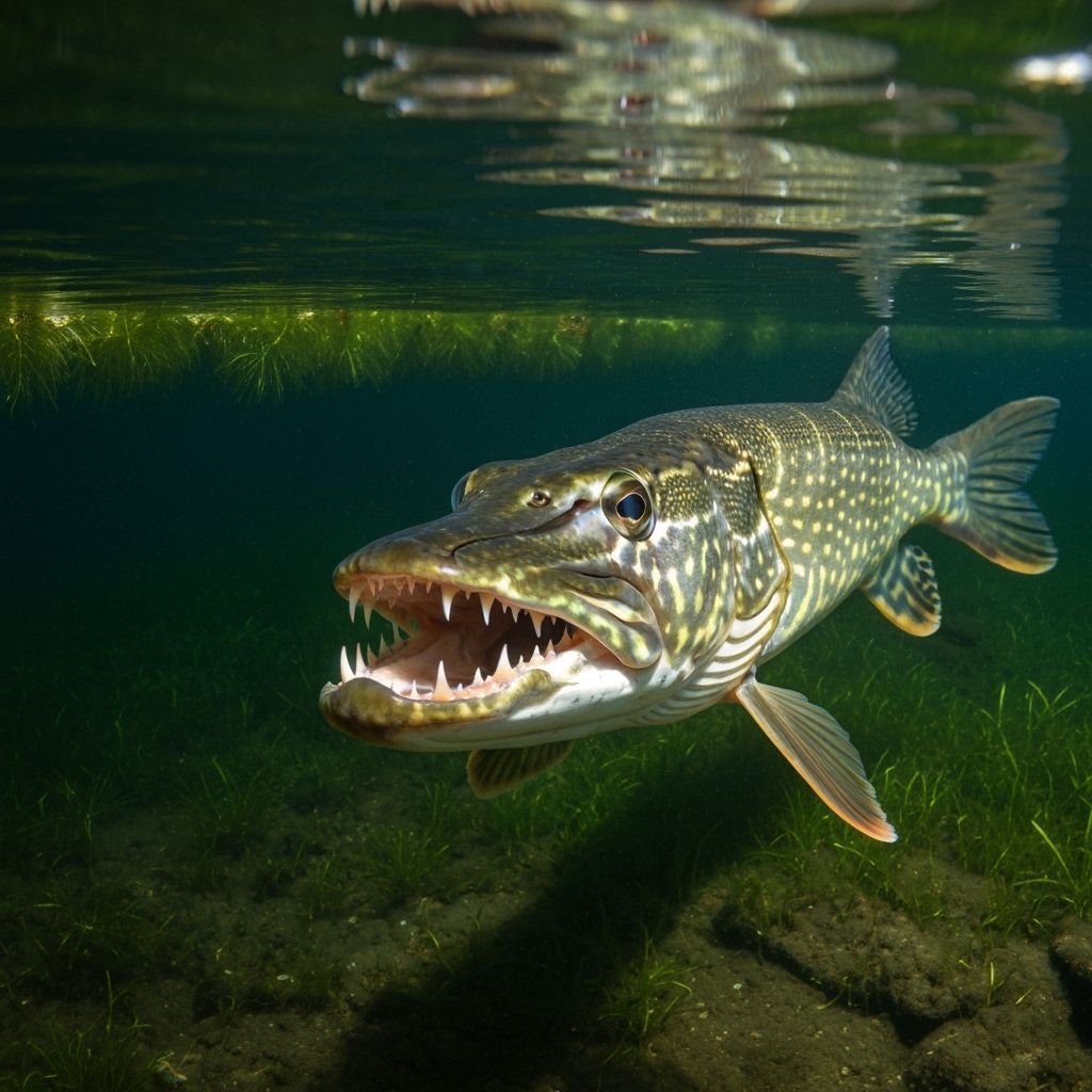 Dramatic Pike Portrait in Pond, Detailed Illustration