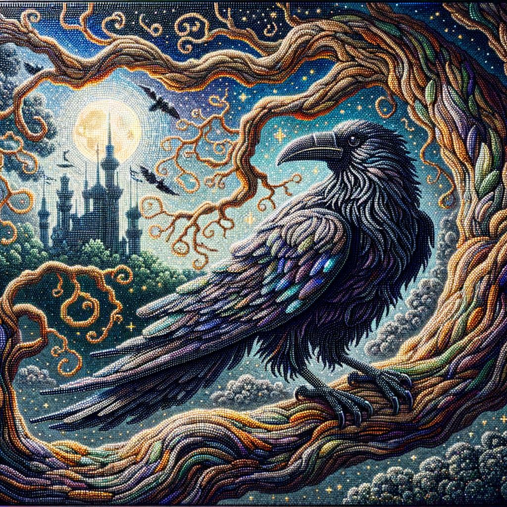 Majestic Glass Raven Under Moonlight: A Pointillist Mosaic