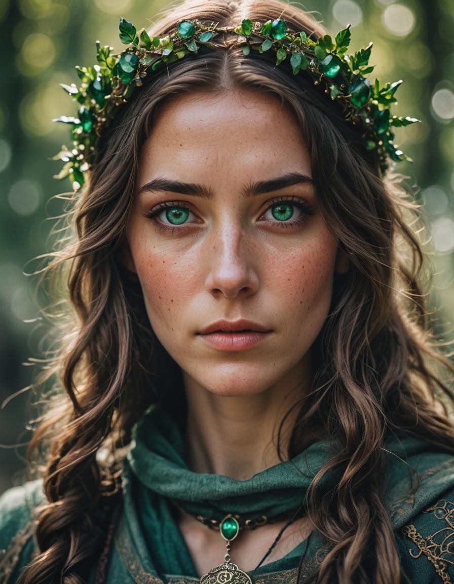 Medieval Shepherd Girl with Emerald Eyes Portrait