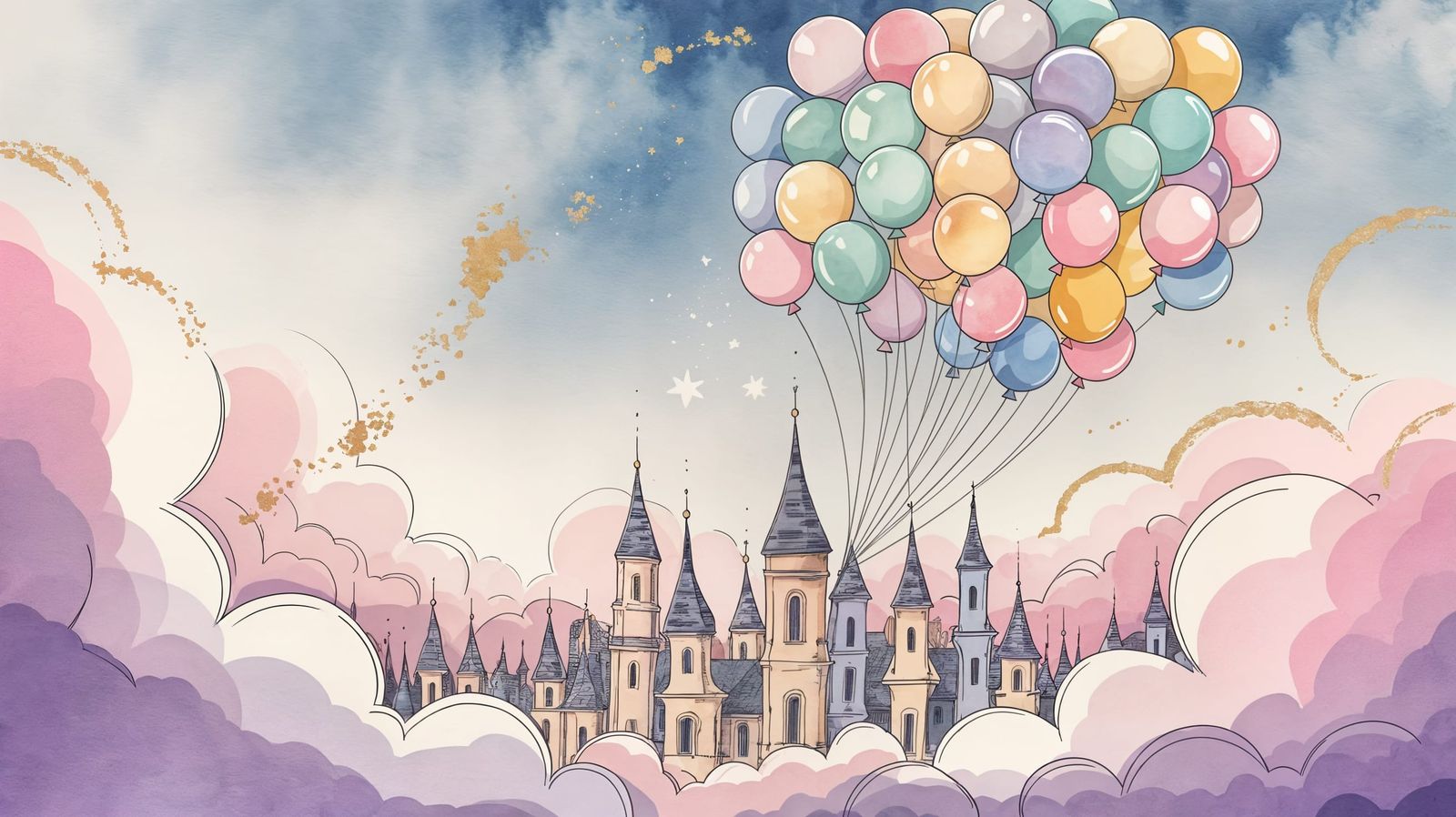 Ethereal Cloud City in Watercolor Wash