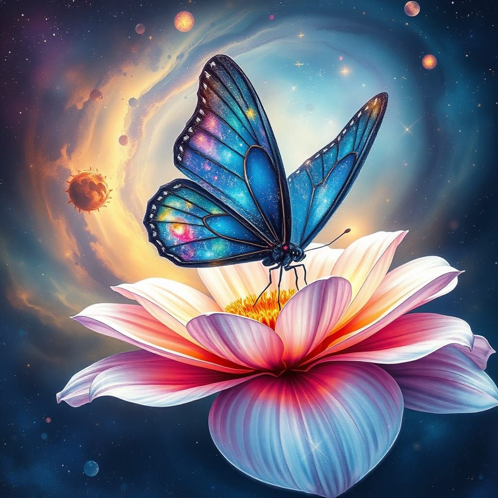 Cosmic Butterfly Lands on Radiant, Iridescent Flower in Drea...