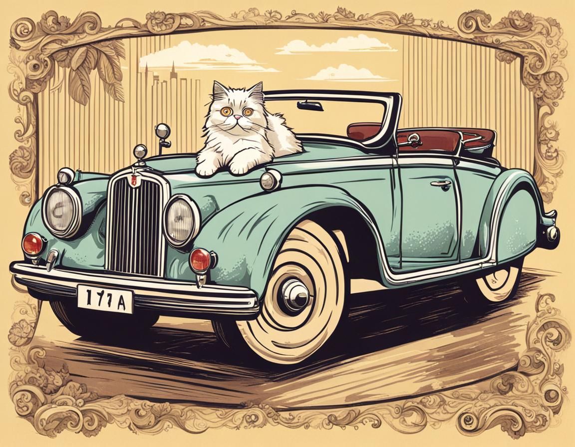Persian Cat Drives a Classic Cabriolet