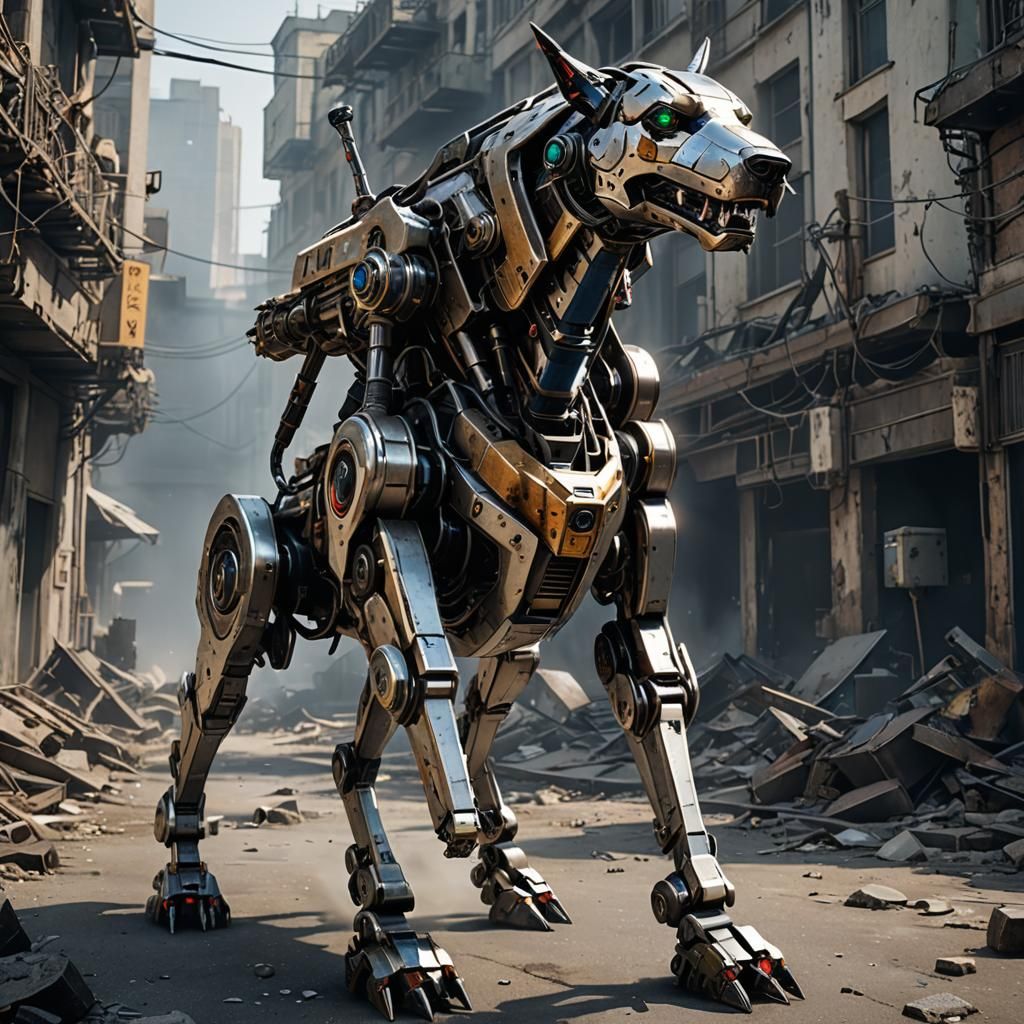 Viscous Metal Robot Dog in Apocalyptic City