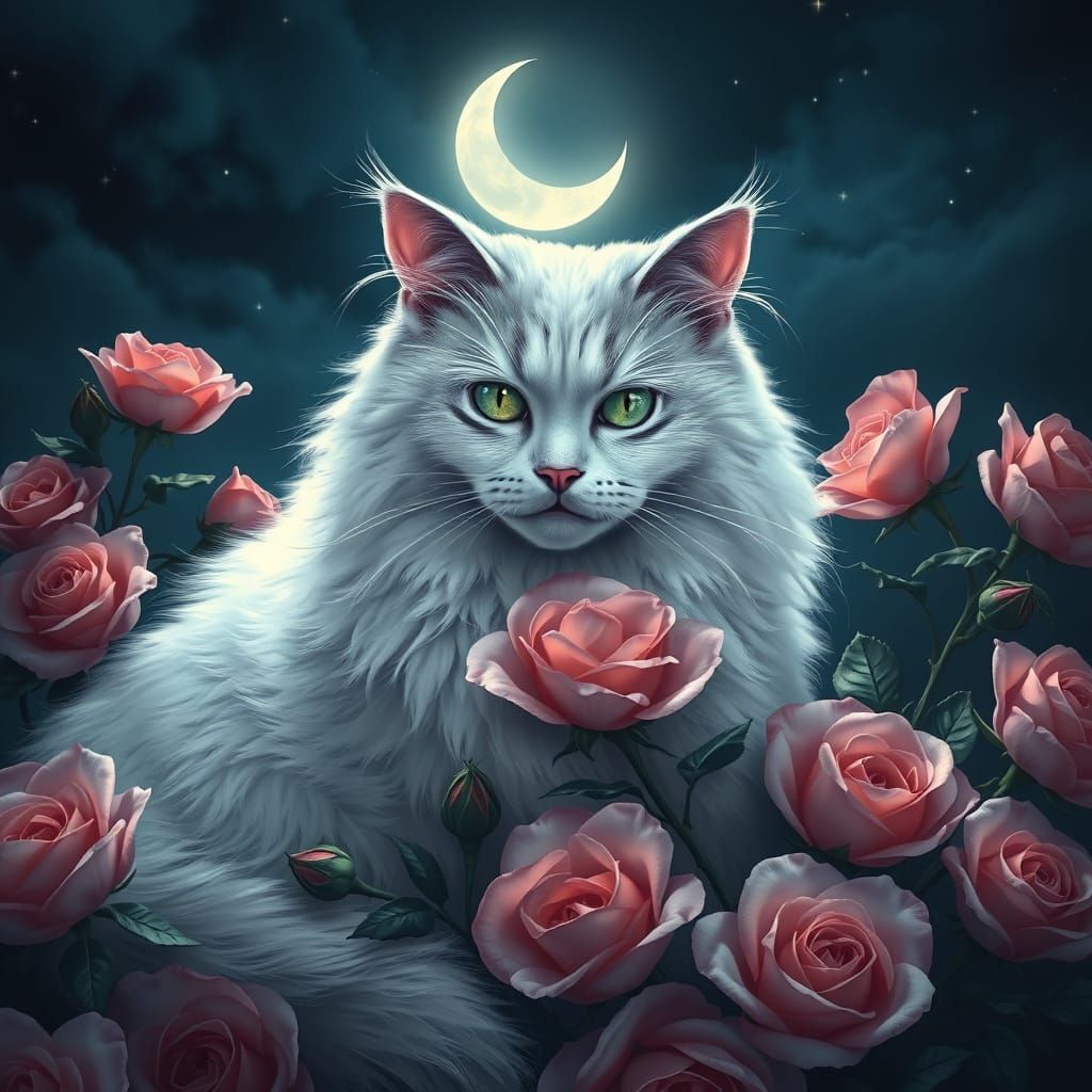A majestic, long-haired white cat with emerald green eyes sits gracefully among blooming pink roses under a crescent moo...