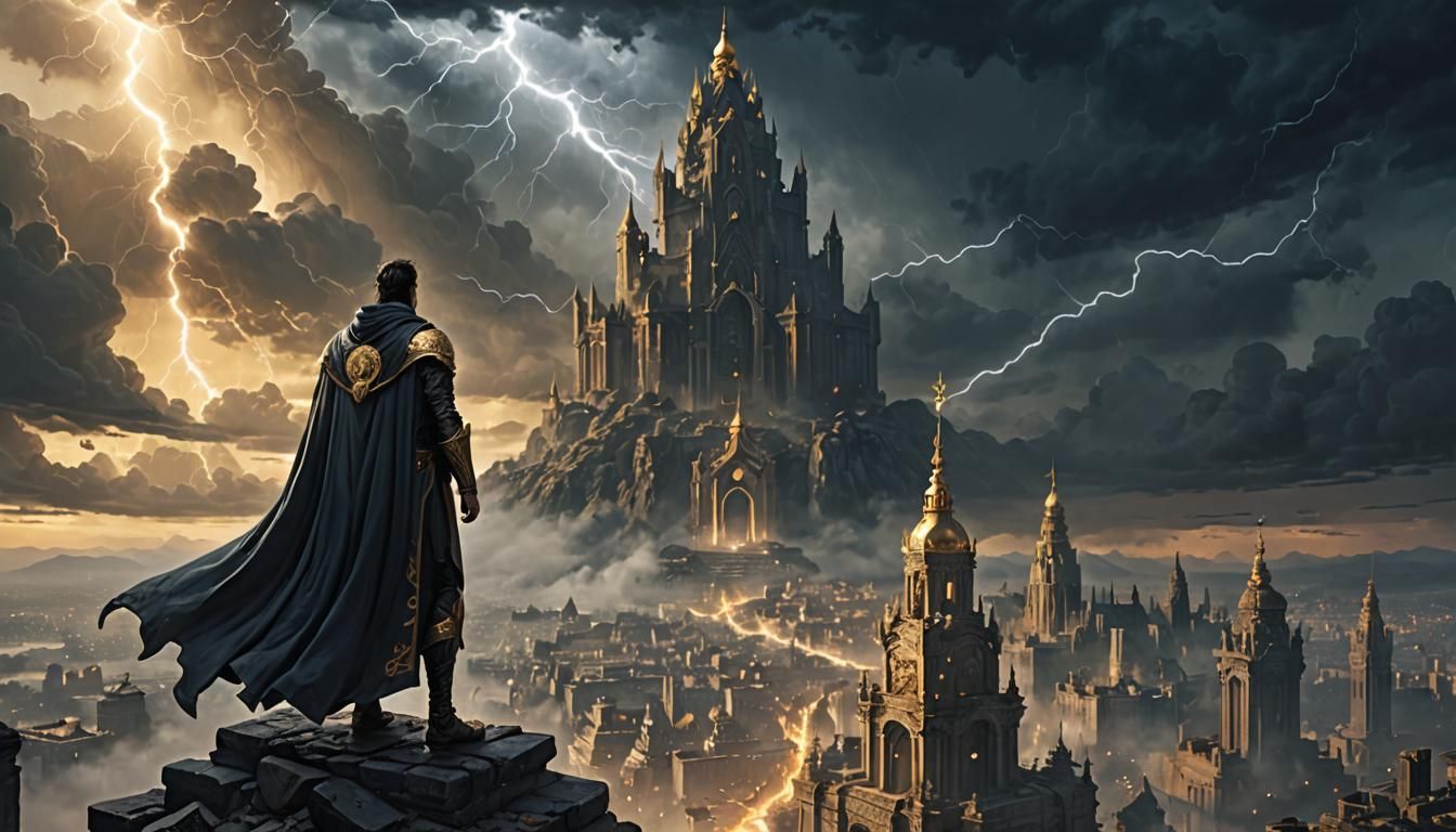 Shrouded Hero Overlooks Ruined Cityscape in Comic Book Style