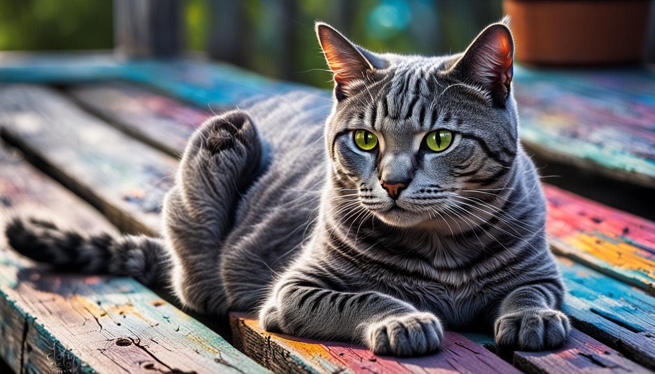 Hyperrealistic Cat Portrait on Wood Deck