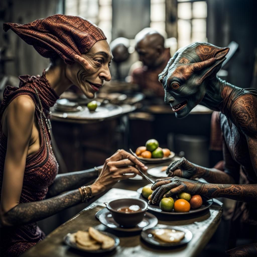 Surreal Restaurant Celebration with Exotic Aliens