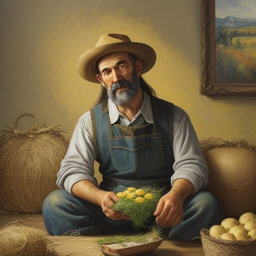 Impressionist Oil Painting of Potato Mashing on Hay