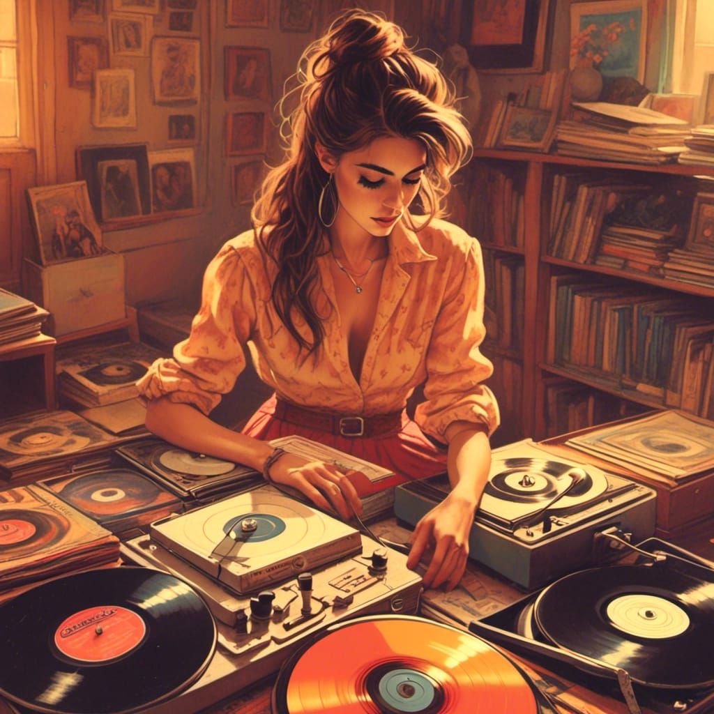 Retro Woman Browsing Vinyl Records in Golden Light