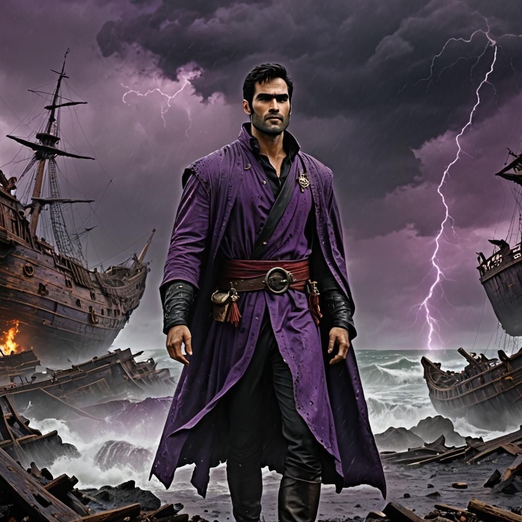 Purple Sorcerer Casting Spell in Storm, Detailed Matte Paint...