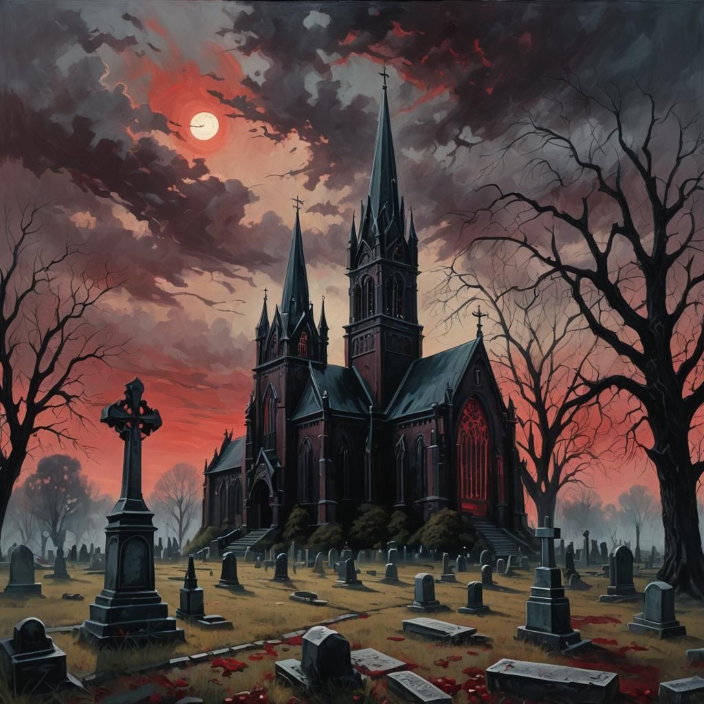 Menacing Gothic Church in Dark Fantasy Cemetery