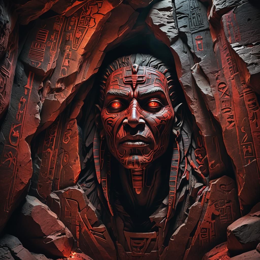 Demonic Hieroglyph Face on Cave Wall