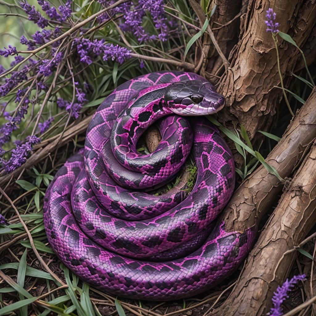 Magenta Anaconda Coiled Asleep Around a Tree
