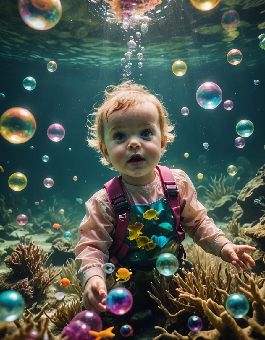 Cinematic Big Baby Underwater with Bubbles