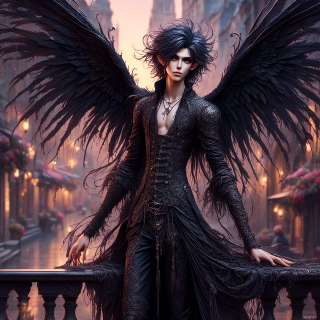 Handsome Dark Angel on Rooftop Illustration