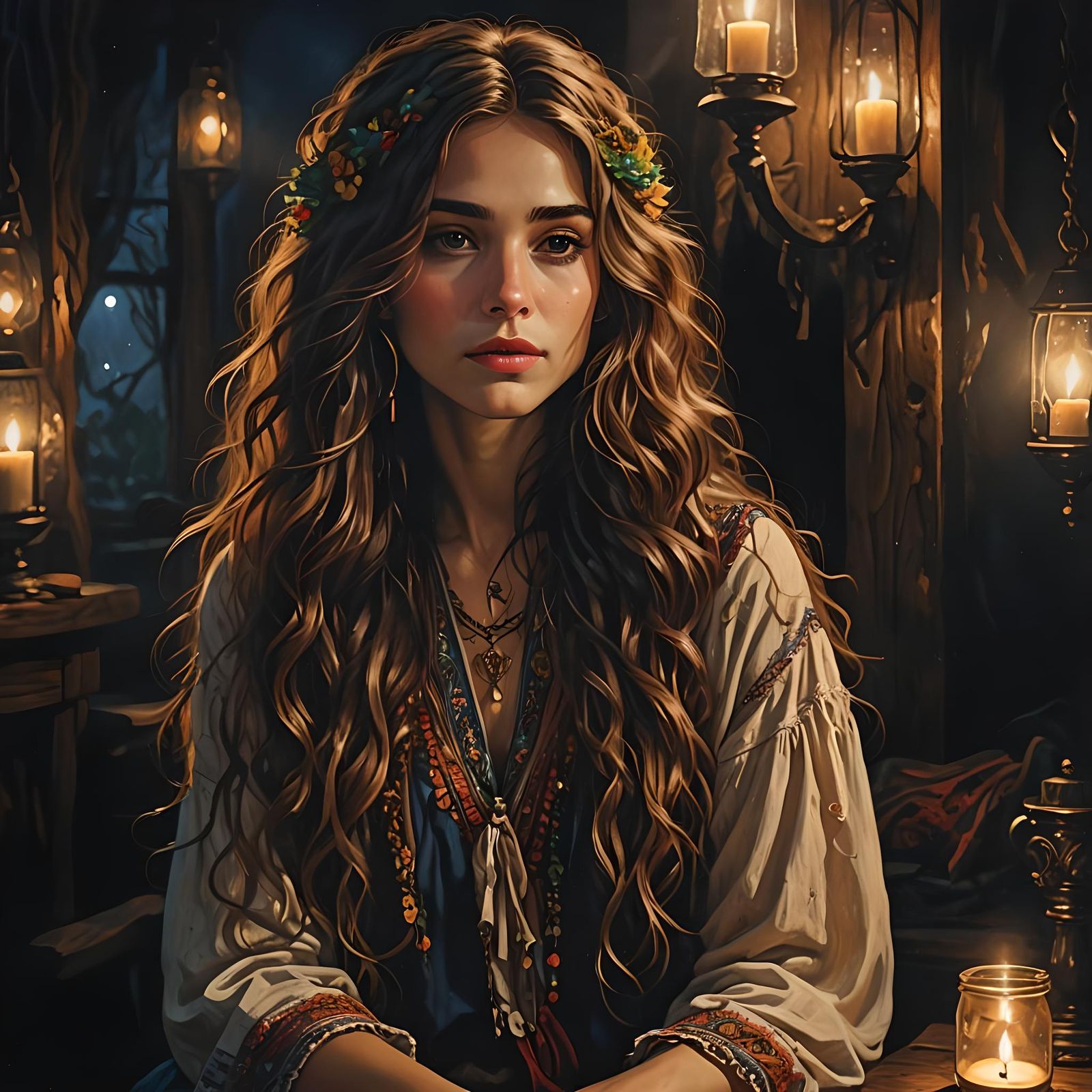 Bohemian Woman Portrait at Midnight in Oil