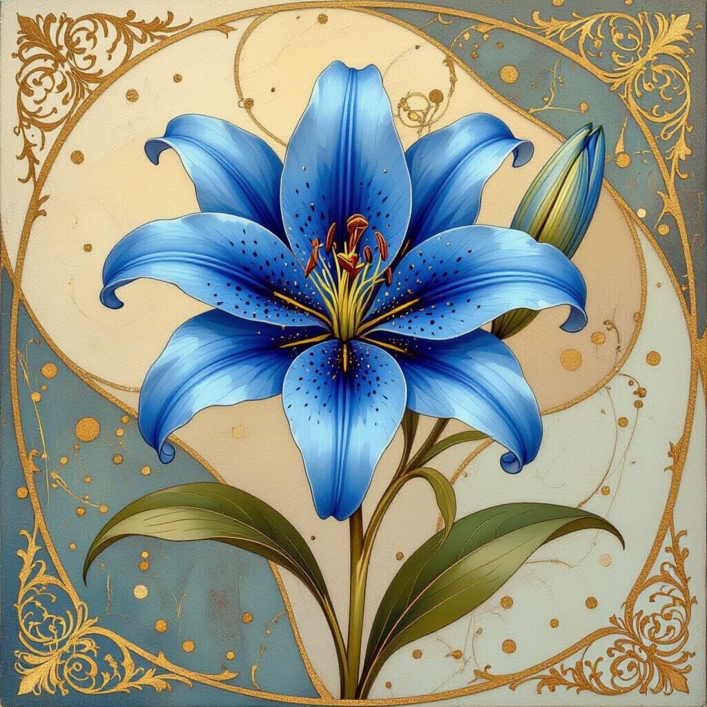 Blue Lily with Gold Dust in Art Nouveau Style