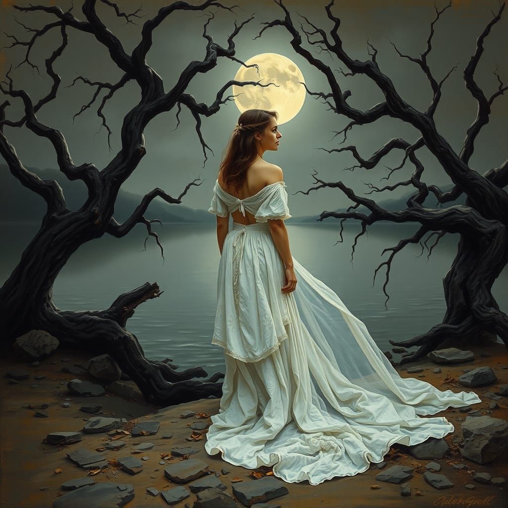 Mystical Woman on Moonlit Lake in Haunting Realism