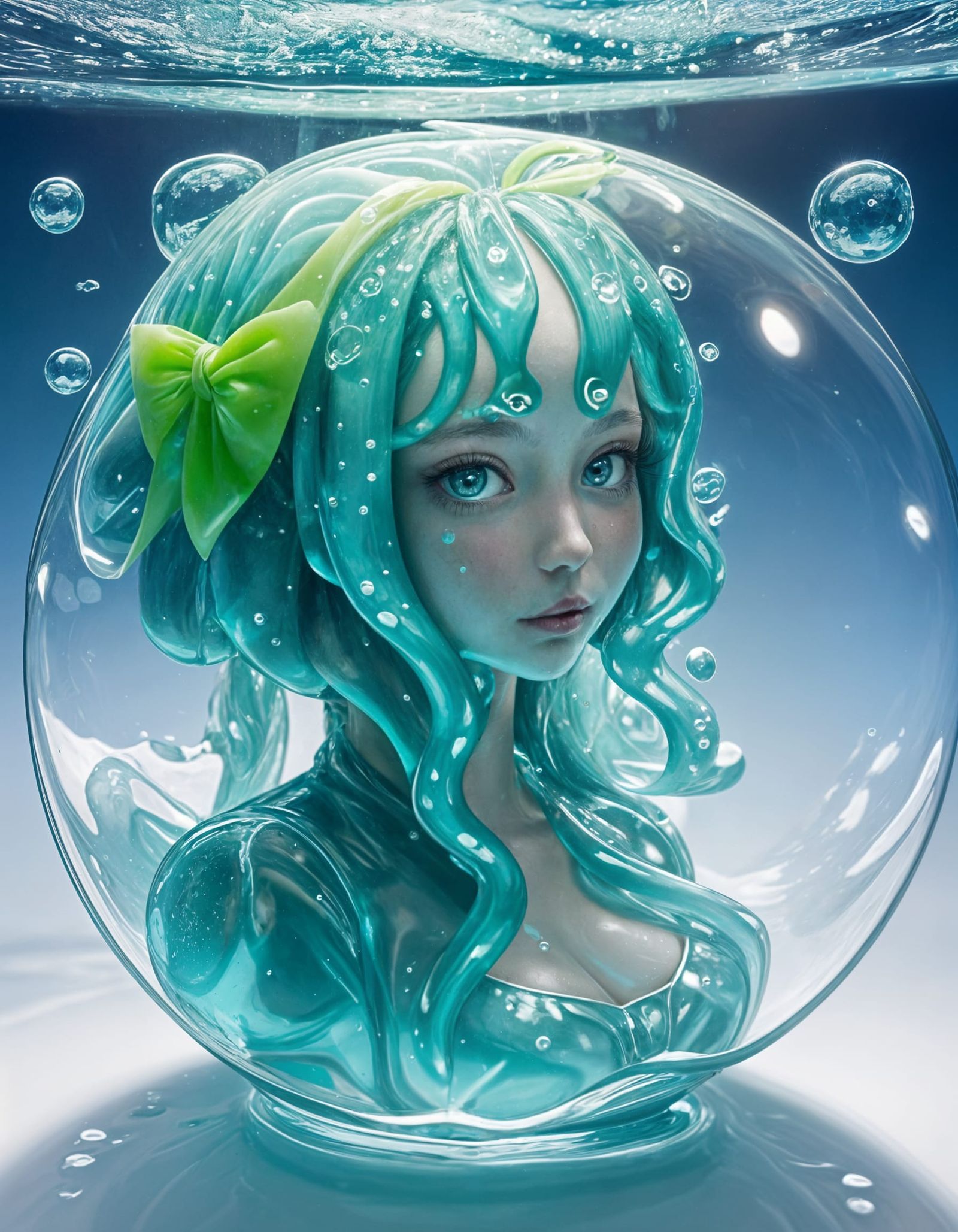 Ethereal Liquid Princess Enveloped by Bubbles