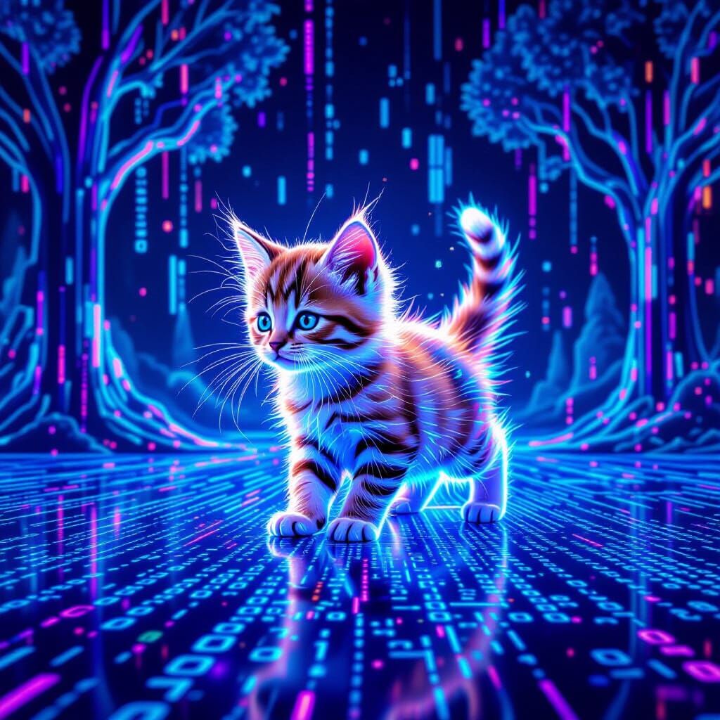 Energetic Kitten in Abstract Digital Landscape