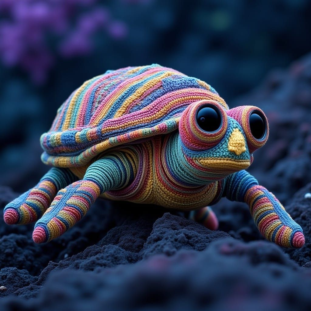 Surreal Knitted Alien Turtle in Space