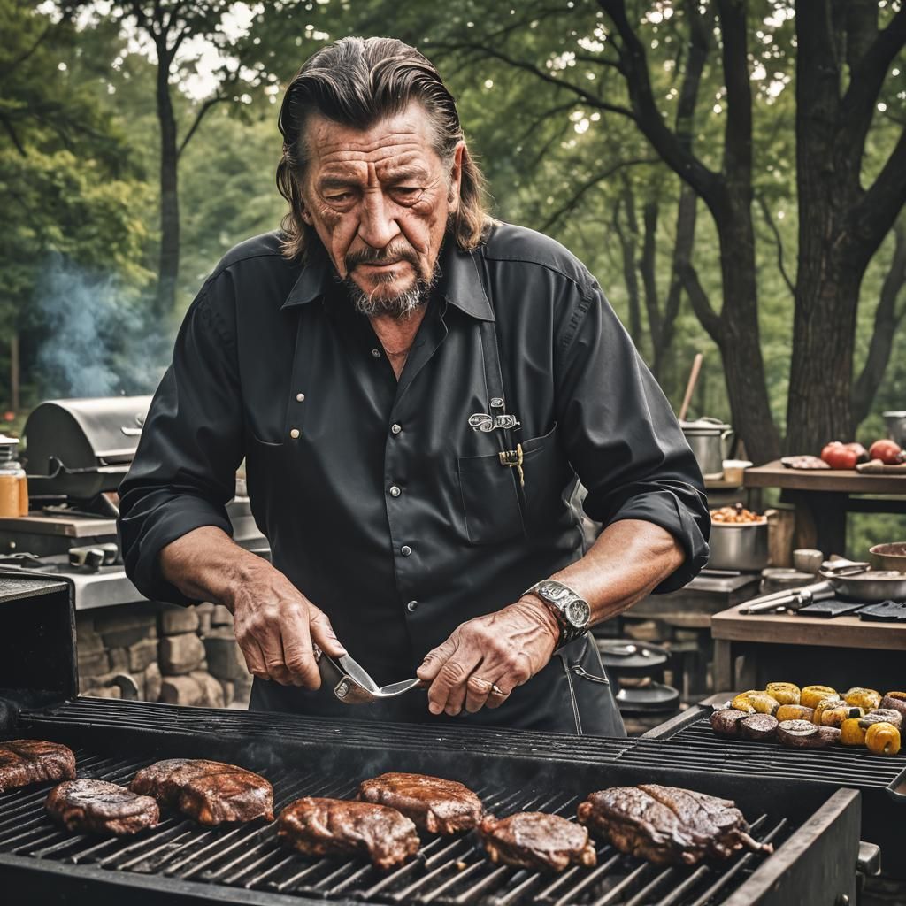 Hyperrealistic Photo of Waylon Jennings Grilling