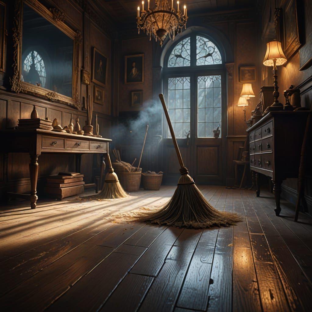 Enchanted Brooms Sweep Floor in Whimsical Fantasy Art