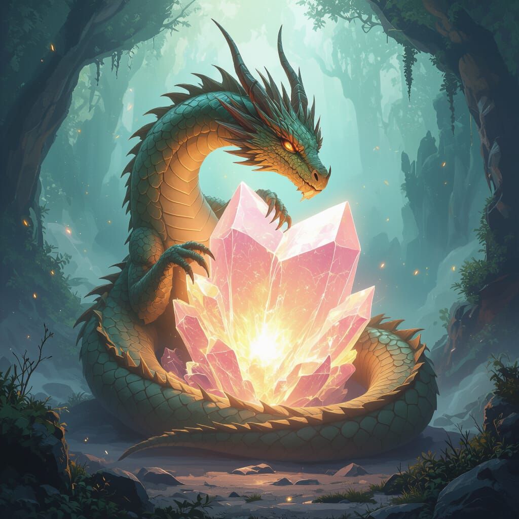 Dragon Guards Radiant Crystal in Dreamlike Scene