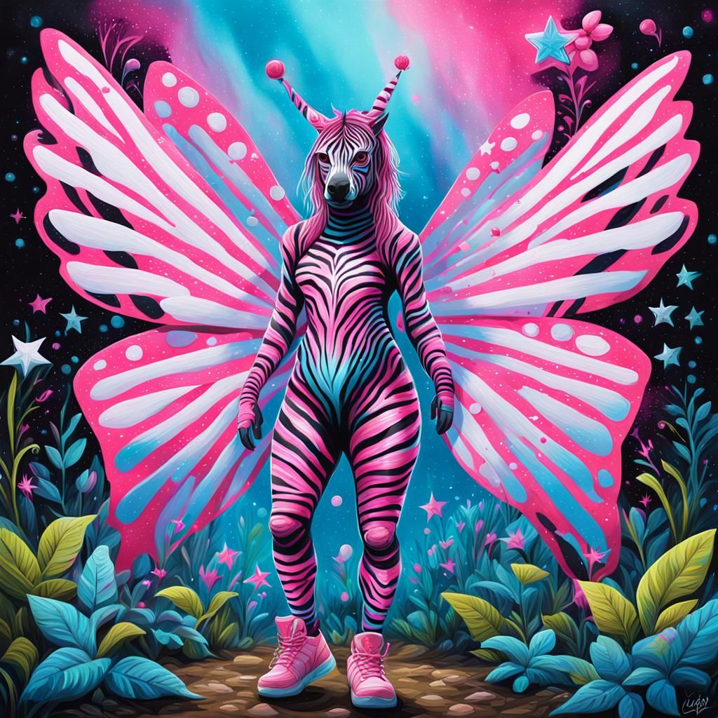 Bioluminescent Fairy in Star Forest, Graffiti Art Style