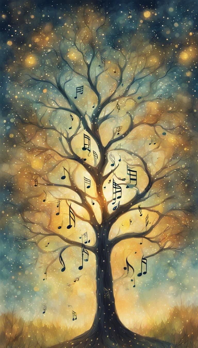 Musical Tree in Forest: Watercolor Fantasy Illustration