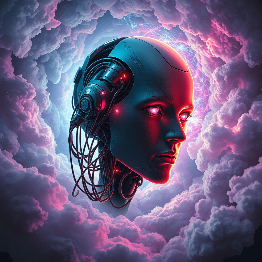 Futuristic Cyborg Head in Neon Vortex, Digital Art