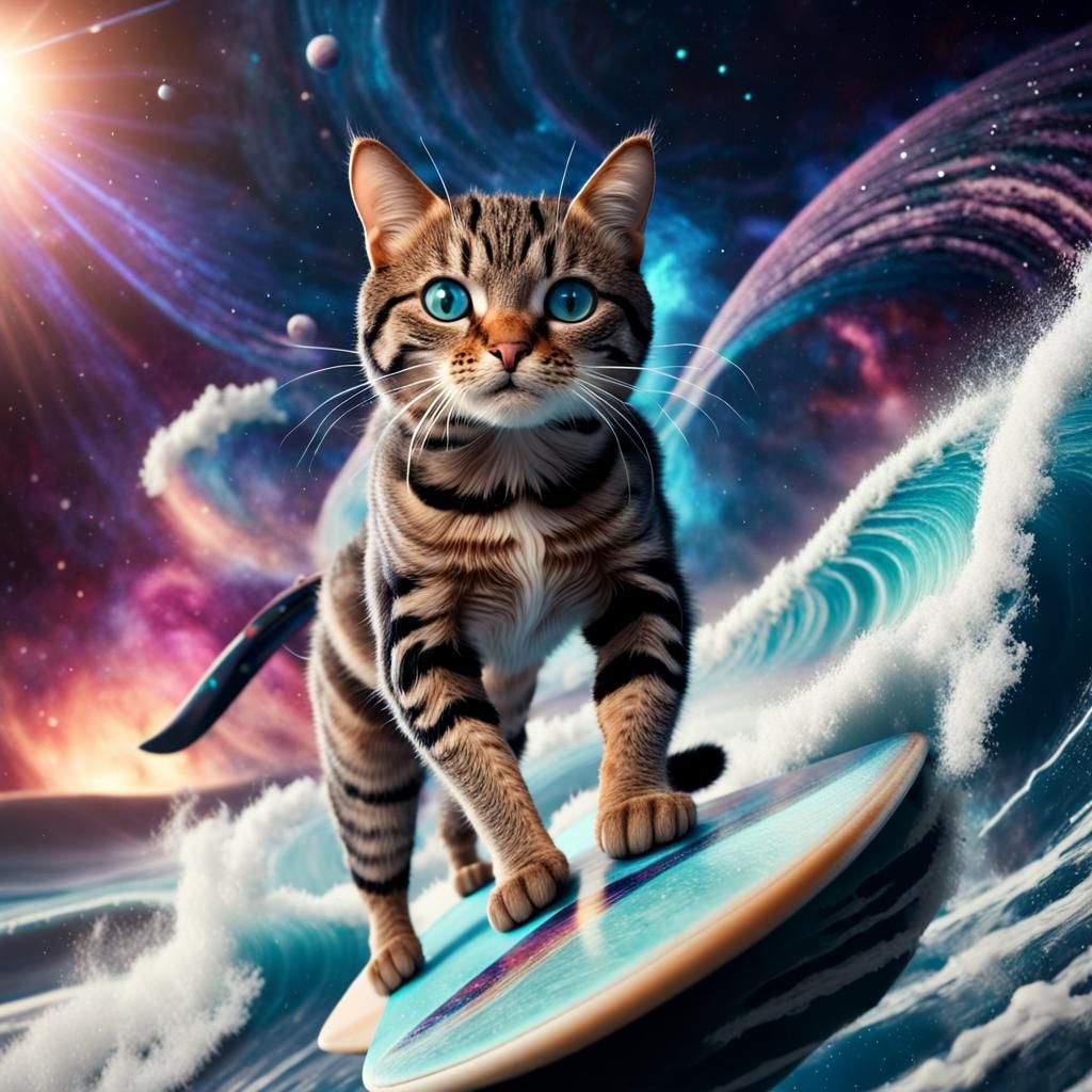 Cat Surfing Cosmic Wave in Space: 1950s Style