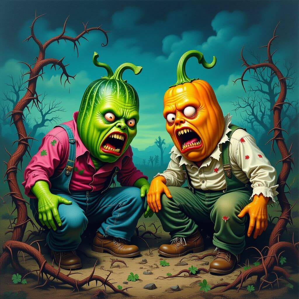 Grotesque Talking Vegetables in a Nightmarish Landscape