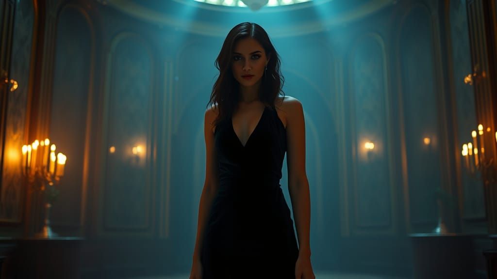 Elegant Woman in Black Velvet Gown in Futuristic Luxury Sett...